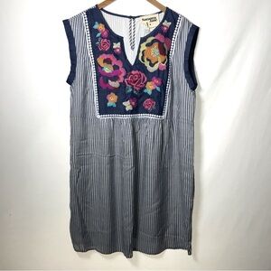 SAVANNA JANE Dress Floral Embroidered Striped Blue White Shift Travel Medium NWT